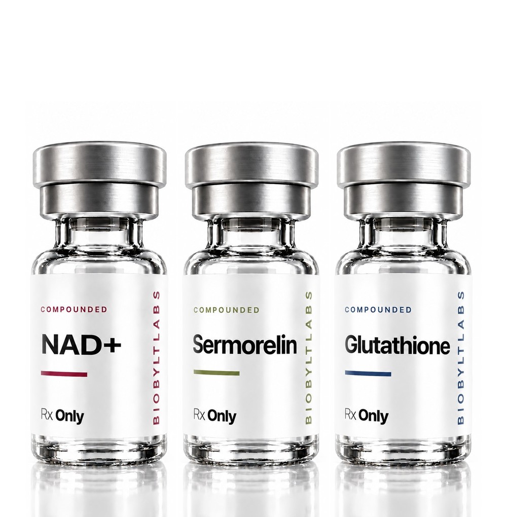 NAD+, sermorelin, and glutathione vials