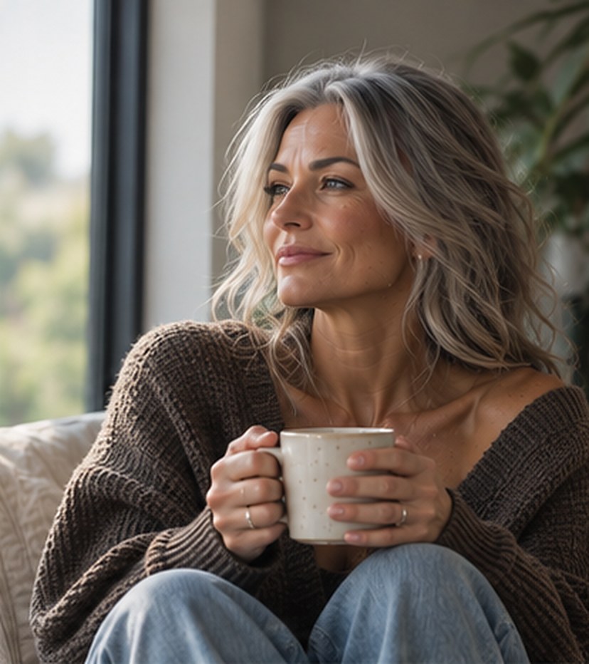 Woman in her 50s with coffee at home