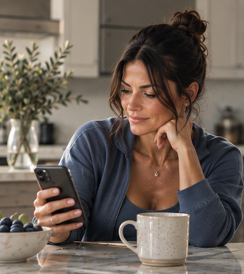 Woman checking her phone at home
